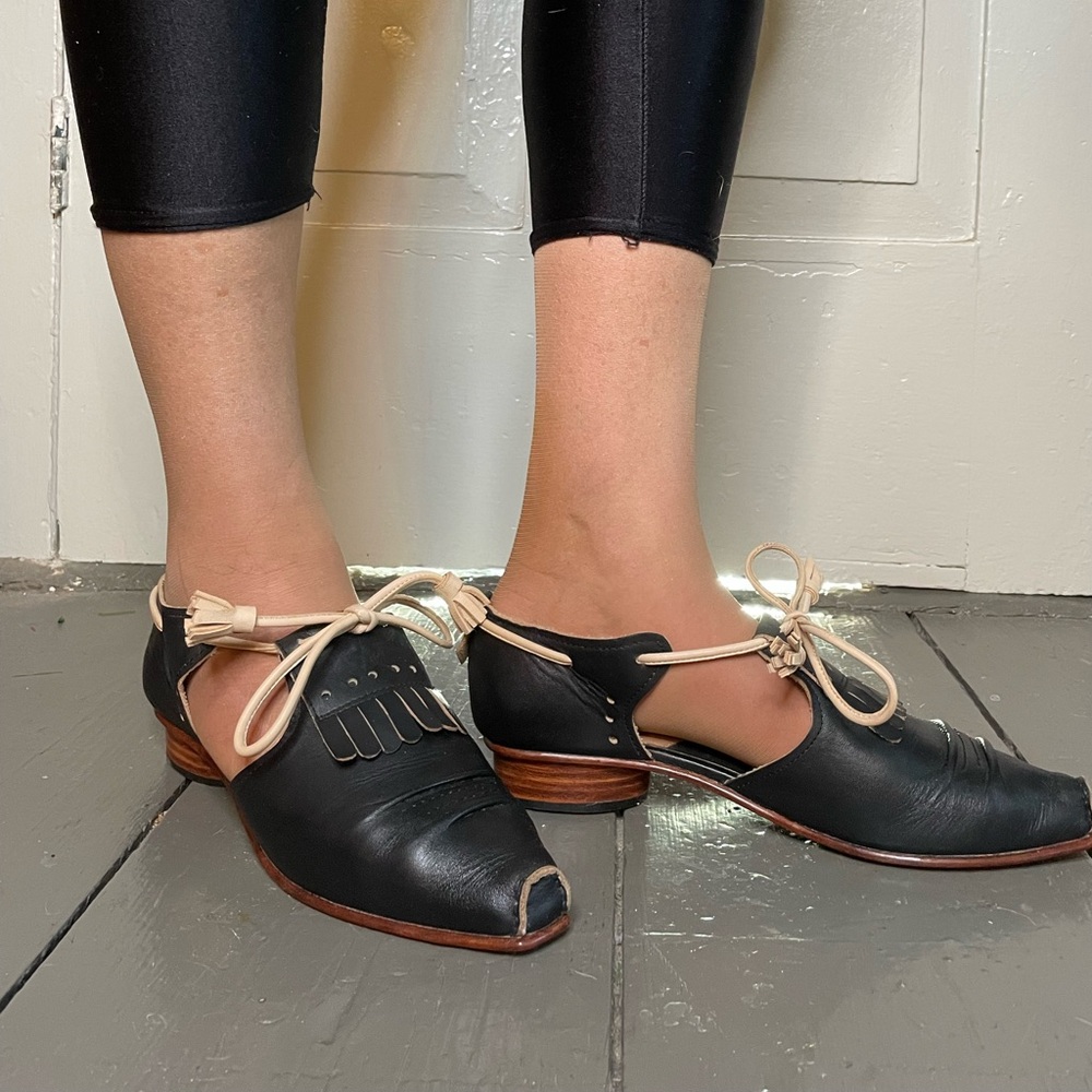 Black and Cream Lace-Up Leather Women's Shoes